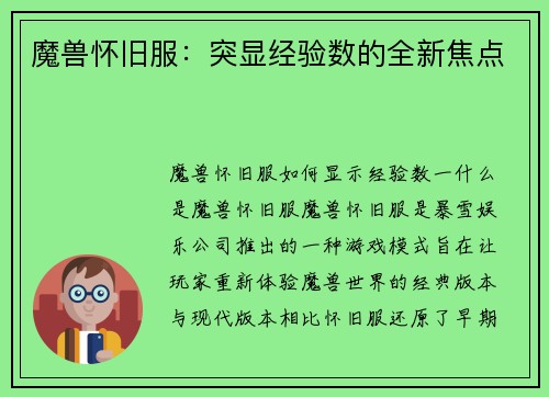 魔兽怀旧服：突显经验数的全新焦点